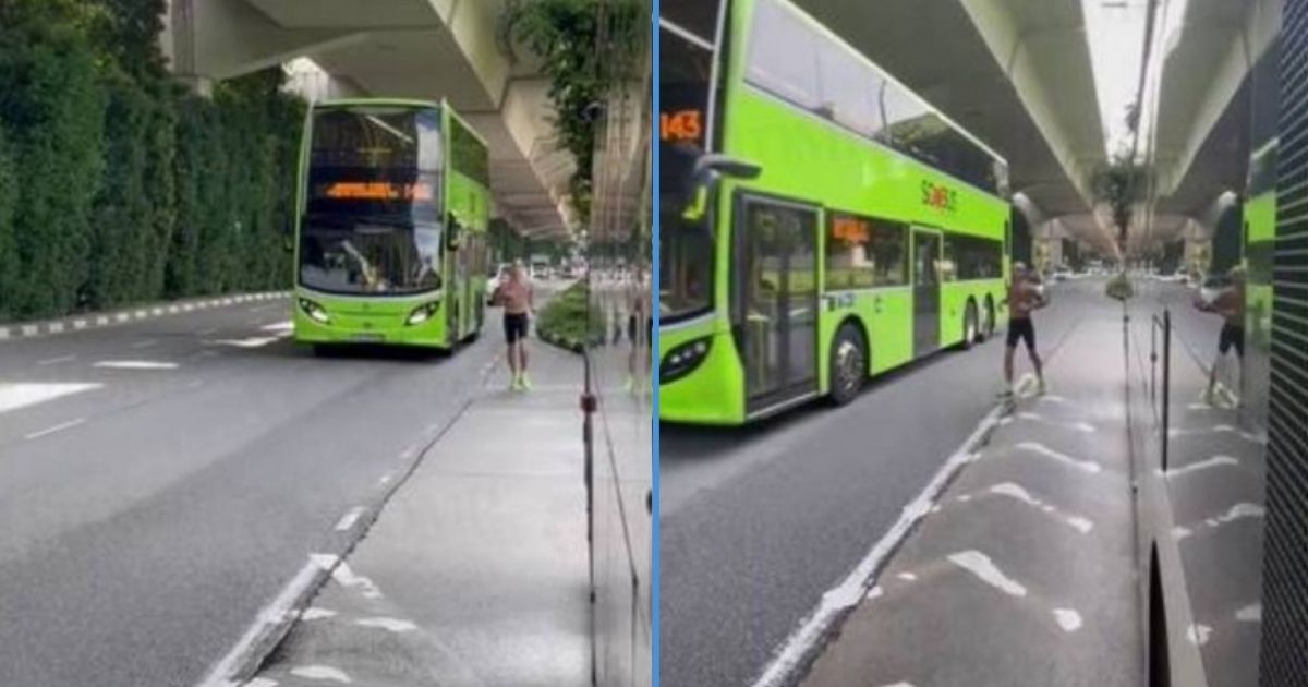 Half Naked Man Spotted Blocking Bus While Jogging Dangerously Along