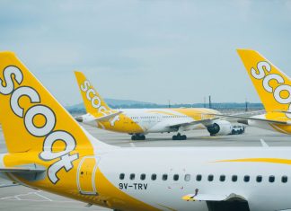 Scoot aircraft parked at an airport