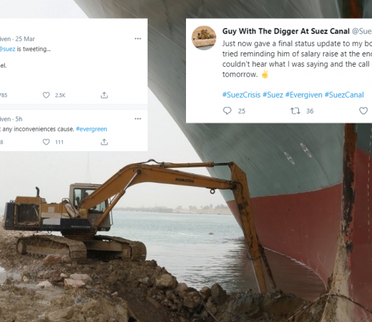 Guy with The Digger at Suez Canal and Stuck Container Ship ‘Updates’ Us On their Progress of Getting Unstuck Through These Parody Twitter Accounts