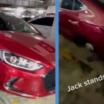 S’pore-Registered Car Spotted with All Wheels & Rims Removed In JB Mall
