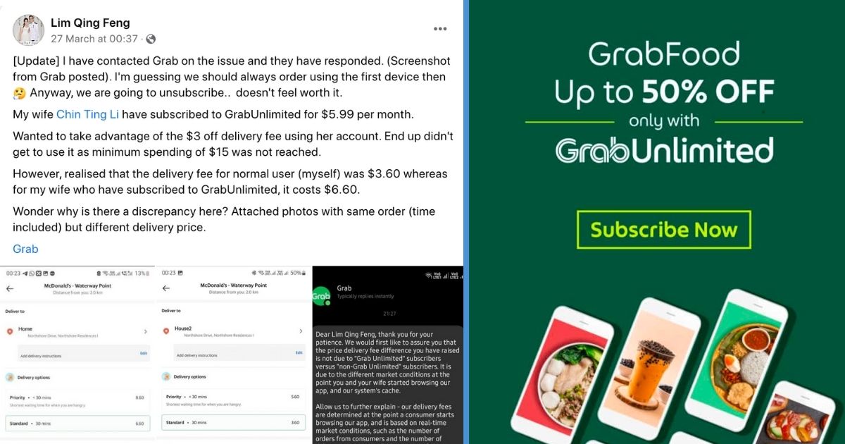 Man Claimed That GrabUnlimited Subscribers Pay Higher Delivery Fees