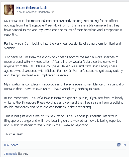 nicole seah facebook post asking for official apology