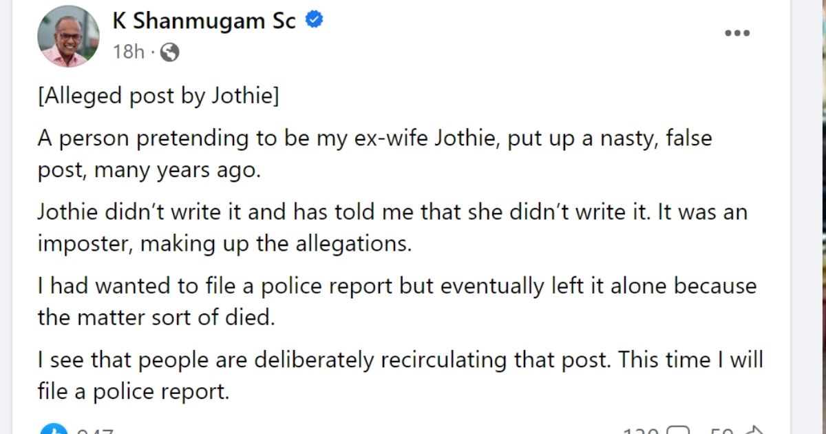 K Shanmugam Files Police Report Over Fake FB Post From Ex-Wife Imposter ...