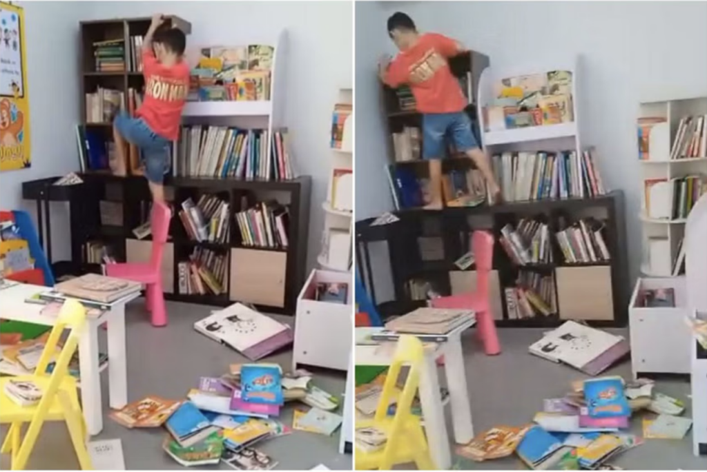 child-climb-bookshelves