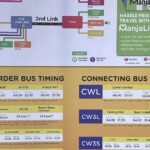 Causeway Link cross-border bus timings and ManjaLink cashless payment poster at Queen Street Terminal