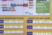 Causeway Link cross-border bus timings and ManjaLink cashless payment poster at Queen Street Terminal
