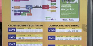 Causeway Link cross-border bus timings and ManjaLink cashless payment poster at Queen Street Terminal