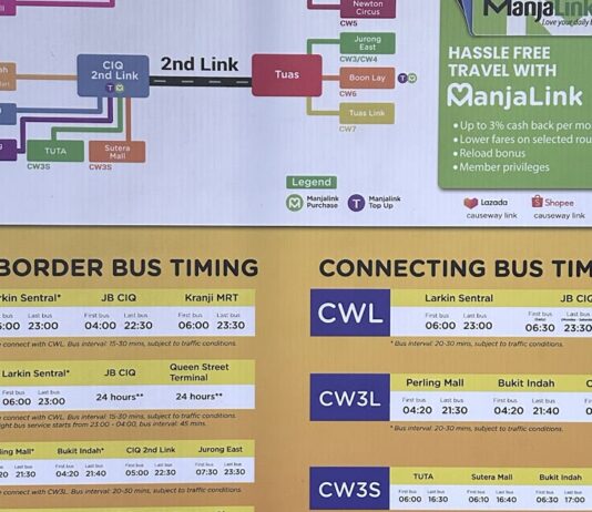 Going JB From Newton or Queen Street? You Can’t Pay Cash Onboard Causeway Link Buses From Today Causeway Link cross-border bus timings and ManjaLink cashless payment poster at Queen Street Terminal