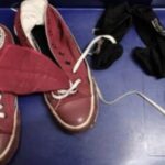 Singapore Police Force evidence photo of shoes and a concealed knife recovered at Changi Airport security screening