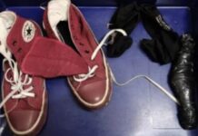 Man Allegedly Hid a 19.5cm Knife in His Sock at Changi Airport Singapore Police Force evidence photo of shoes and a concealed knife recovered at Changi Airport security screening