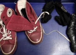 Man Allegedly Hid a 19.5cm Knife in His Sock at Changi Airport Singapore Police Force evidence photo of shoes and a concealed knife recovered at Changi Airport security screening