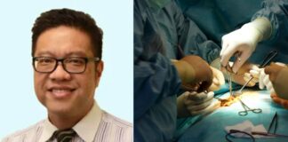 Urologist Fong Yan Kit beside a surgical operating scene