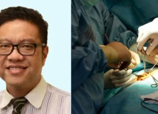 Urologist Fong Yan Kit beside a surgical operating scene