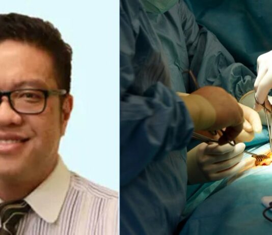 Urologist Fong Yan Kit beside a surgical operating scene