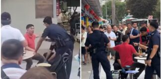 Huang Yiliang in a red polo shirt speaking with police at Circuit Road Hawker Centre after the assault