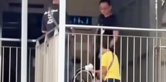 Video still of an elderly cyclist in a yellow shirt kneeling before two LTA officers on an Aljunied overhead bridge