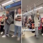 Elderly Downtown Line commuter pointing and berating a pair of passengers in an MRT cabin