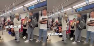 Elderly Downtown Line commuter pointing and berating a pair of passengers in an MRT cabin