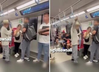 Elderly Downtown Line commuter pointing and berating a pair of passengers in an MRT cabin