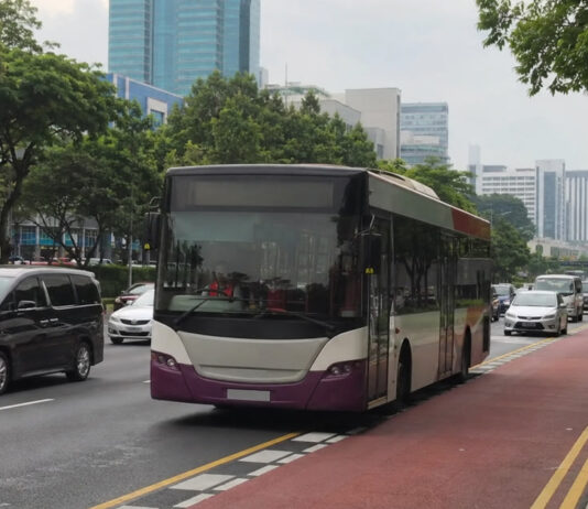 A Singapore public bus travelling in a dedicated red bus lane
