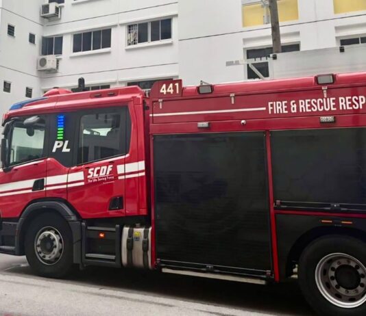 Bukit Panjang HDB Fire Sends 2 to Hospital; One Found Unconscious, About 70 Evacuated Red SCDF fire engine marked FIRE & RESCUE RESPONSE parked outside an HDB block after a residential fire response