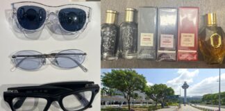 Sunglasses perfume and Changi Airport control tower collage related to transit-area shop theft case
