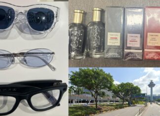 Sunglasses perfume and Changi Airport control tower collage related to transit-area shop theft case