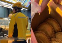 Meituan rider in yellow uniform buying curry puffs at PLQ Mall