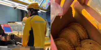 Meituan rider in yellow uniform buying curry puffs at PLQ Mall