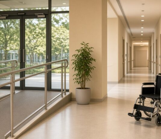 Accessible community service centre ramp and empty wheelchair illustrating disability services fee caps proposal