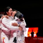 Singapore women’s épée team celebration / fencing still (actual fencers; ActiveSG or allowed republish)