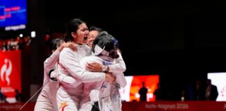 Singapore women’s épée team celebration / fencing still (actual fencers; ActiveSG or allowed republish)