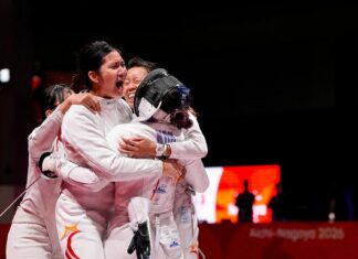 Singapore women’s épée team celebration / fencing still (actual fencers; ActiveSG or allowed republish)