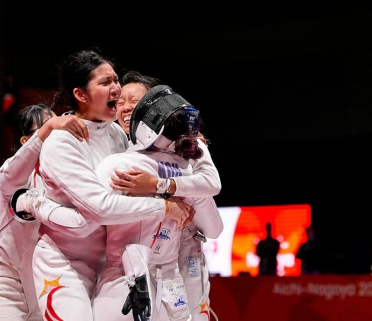 Singapore Women’s Épée Team Wins Historic Asian Games Bronze After Overtime Victory Singapore women’s épée team celebration / fencing still (actual fencers; ActiveSG or allowed republish)