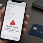 Police Warn of Fake Job Offers Used to Recruit Money Mules Phone screen showing a suspicious fake job offer warning graphic, non-literal illustration for money mule scam advisory