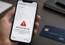 Phone screen showing a suspicious fake job offer warning graphic, non-literal illustration for money mule scam advisory