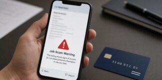Phone screen showing a suspicious fake job offer warning graphic, non-literal illustration for money mule scam advisory