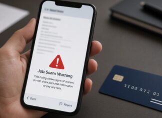 Police Warn of Fake Job Offers Used to Recruit Money Mules Phone screen showing a suspicious fake job offer warning graphic, non-literal illustration for money mule scam advisory