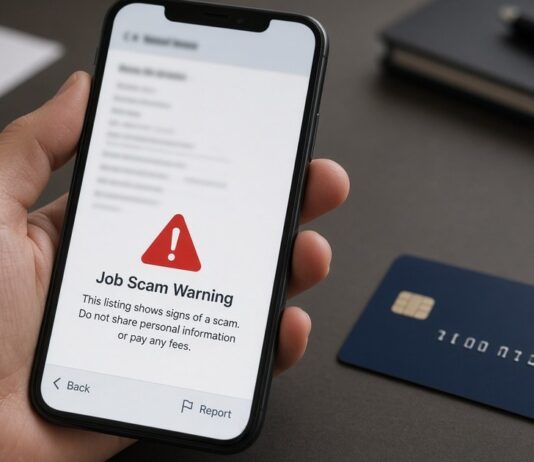 Phone screen showing a suspicious fake job offer warning graphic, non-literal illustration for money mule scam advisory