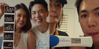 Actors Hong Ling and Nick Teo smiling with ultrasound scan strip, beside a Clearblue digital pregnancy test reading Pregnant 1-2 from their Instagram announcement