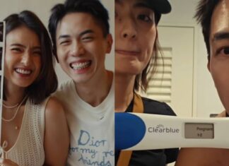 Singapore Celebrity Couple Hong Ling and Nick Teo Expecting First Child Actors Hong Ling and Nick Teo smiling with ultrasound scan strip, beside a Clearblue digital pregnancy test reading Pregnant 1-2 from their Instagram announcement