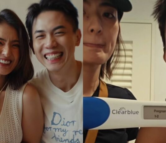 Actors Hong Ling and Nick Teo smiling with ultrasound scan strip, beside a Clearblue digital pregnancy test reading Pregnant 1-2 from their Instagram announcement