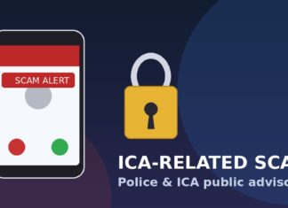 Non-literal ICA scam advisory graphic: phone SCAM ALERT + padlock (not a fake ICA building; not an identifiable person)