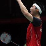 Singapore badminton player Loh Kean Yew celebrating Asian Games victory
