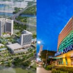 Marina Square mall at night beside SingLand redevelopment rendering of new towers
