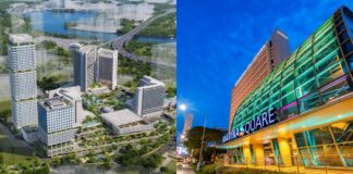 Marina Square mall at night beside SingLand redevelopment rendering of new towers