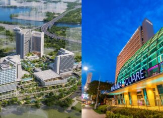 Marina Square mall at night beside SingLand redevelopment rendering of new towers