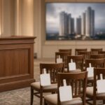 Empty luxury property auction room with blank bid paddles, illustrating unsold seized properties auction