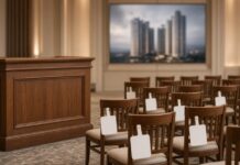 Empty luxury property auction room with blank bid paddles, illustrating unsold seized properties auction