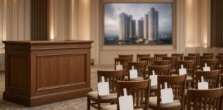 Empty luxury property auction room with blank bid paddles, illustrating unsold seized properties auction